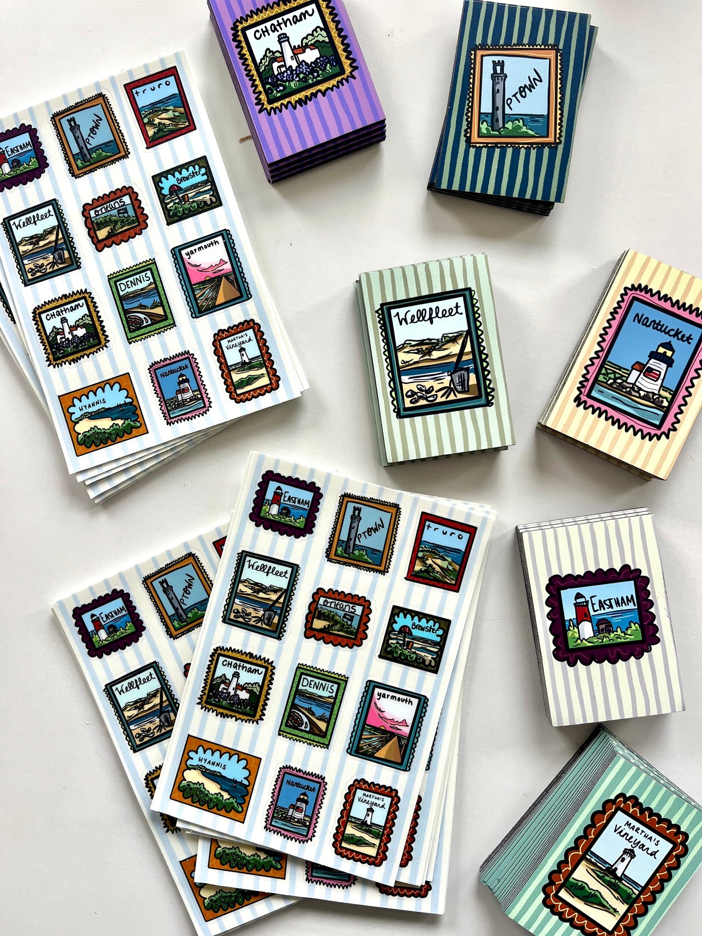 Cape Cod Town Magnet - Colorful 3x3 magnet with hand-drawn Cape Cod town stamp artwork featuring Nauset Light and coastal scenes