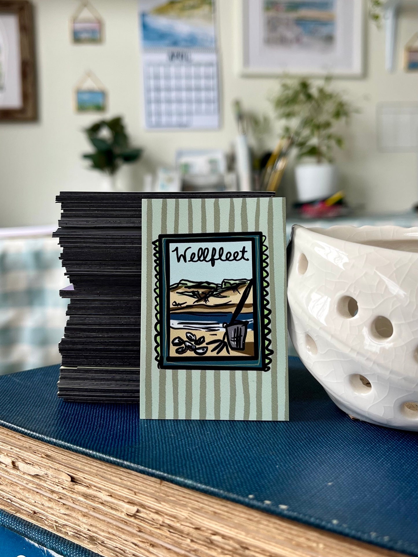 Cape Cod Town Magnet - Colorful 3x3 magnet with hand-drawn Cape Cod town stamp artwork featuring Wellfleet and coastal scenes