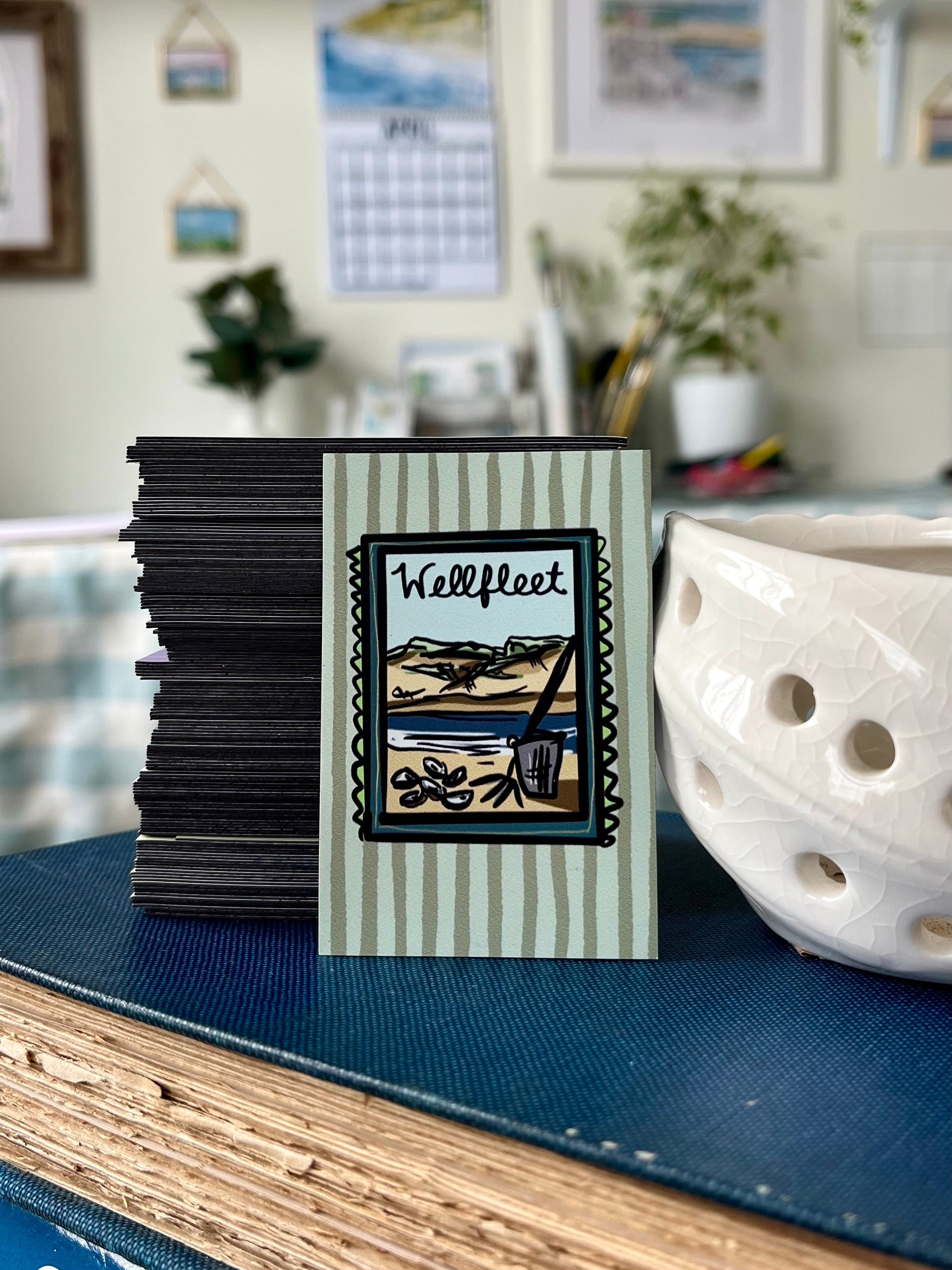 Cape Cod Town Magnet - Colorful 3x3 magnet with hand-drawn Cape Cod town stamp artwork featuring Wellfleet and coastal scenes