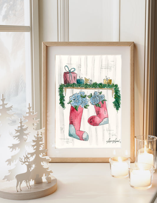 christmas cape cod holiday art print hydrangea