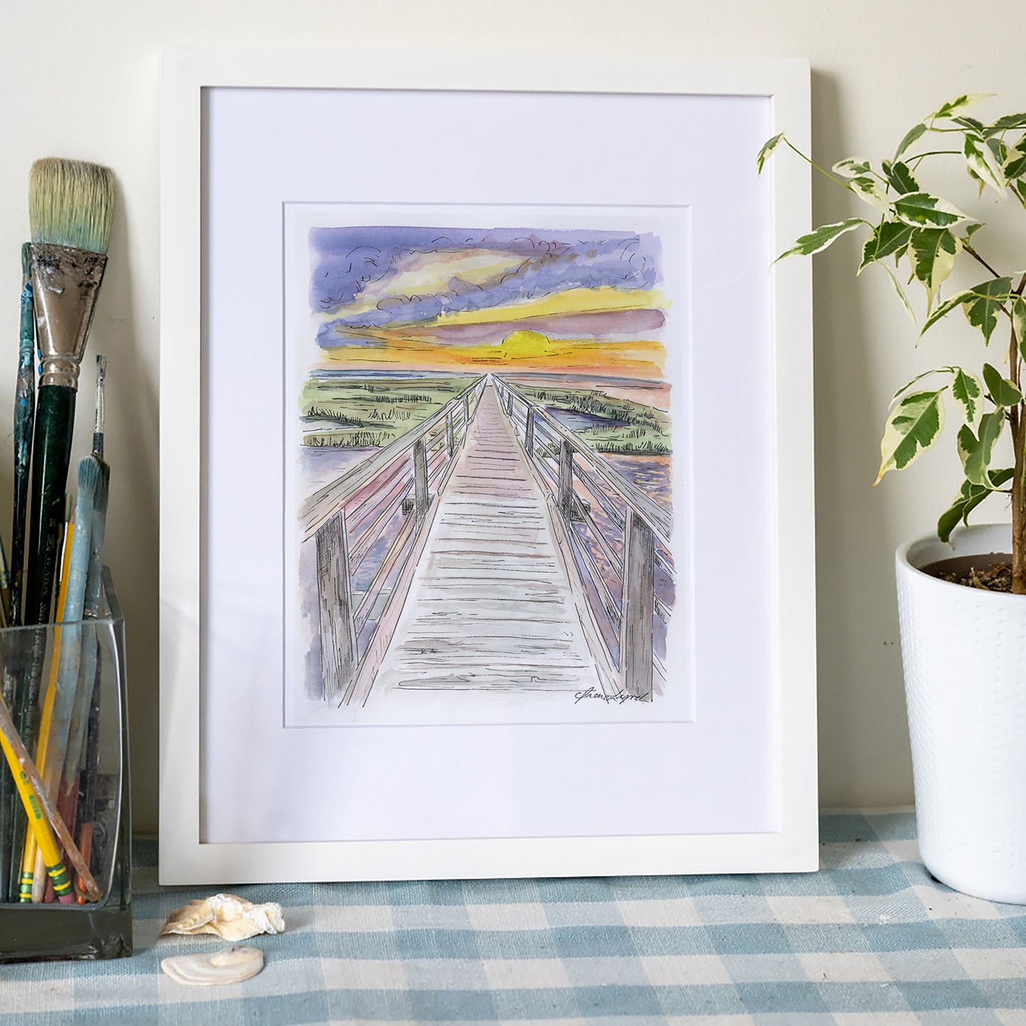 Cape Walks at Gray’s Beach Boardwalk Art Print – Cape Cod Watercolor Coastal Wall Art