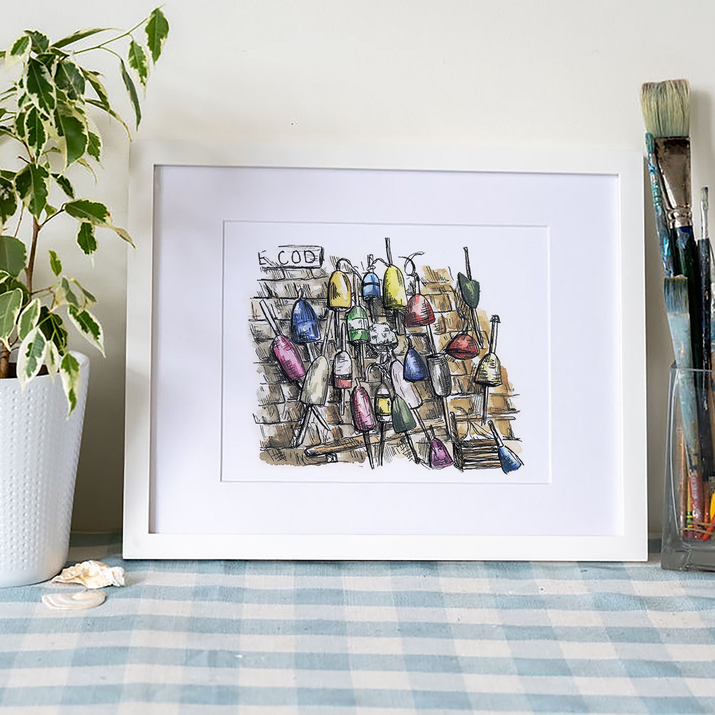 Wall of Buoys Art Print – New England Lobster Shanty Watercolor Coastal Wall Art
