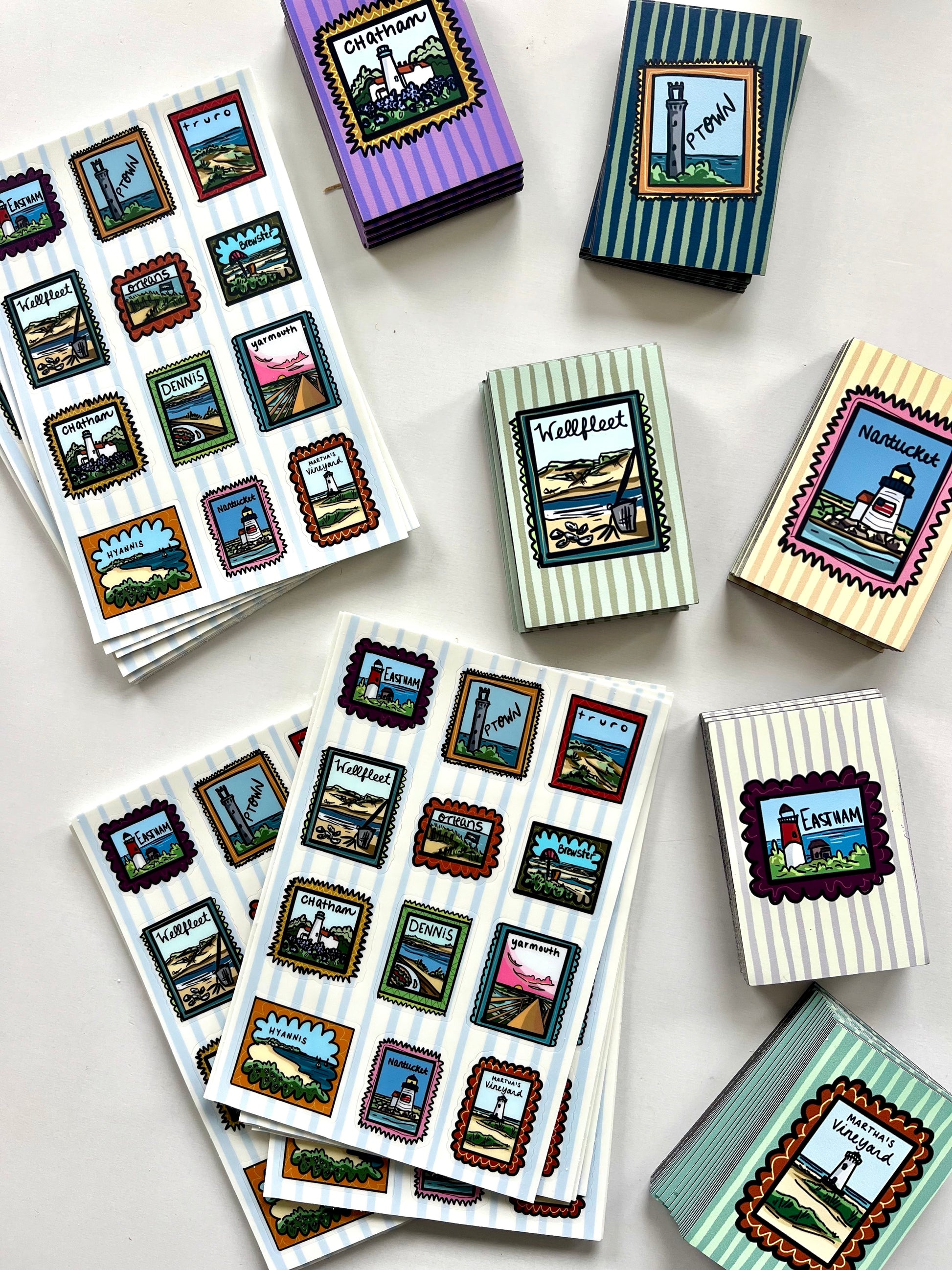 Cape Cod Town Magnet - Colorful 3x3 magnet with hand-drawn Cape Cod town stamp artwork featuring Nauset Light and coastal scenes