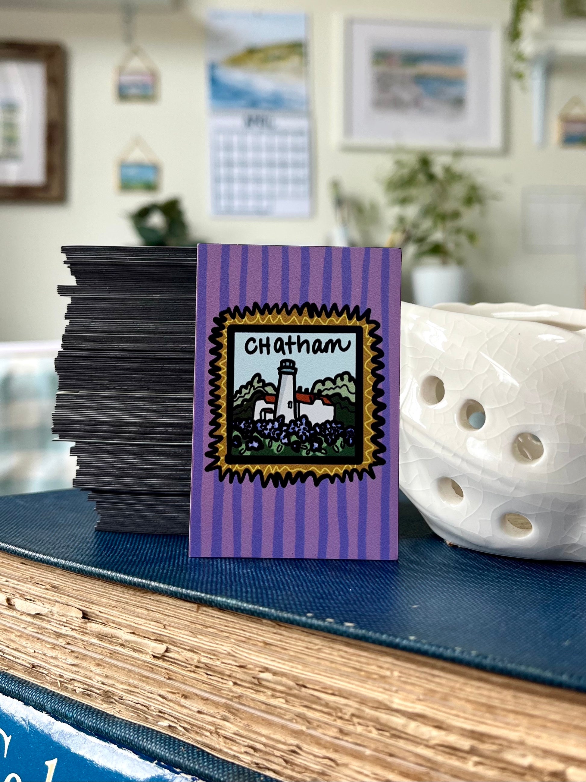 Cape Cod Town Magnet - Colorful 3x3 magnet with hand-drawn Cape Cod town stamp artwork featuring Chatham Lighthouse and coastal scenes
