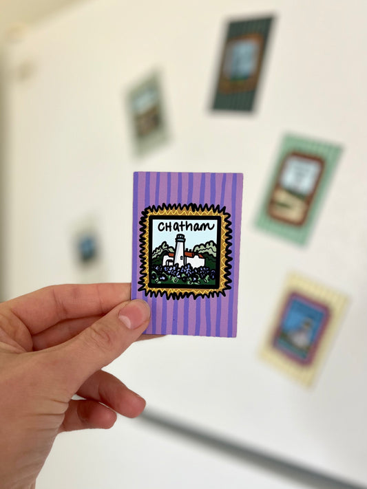 Cape Cod Town Magnet - Colorful 3x3 magnet with hand-drawn Cape Cod town stamp artwork featuring Nauset Light and coastal scenes