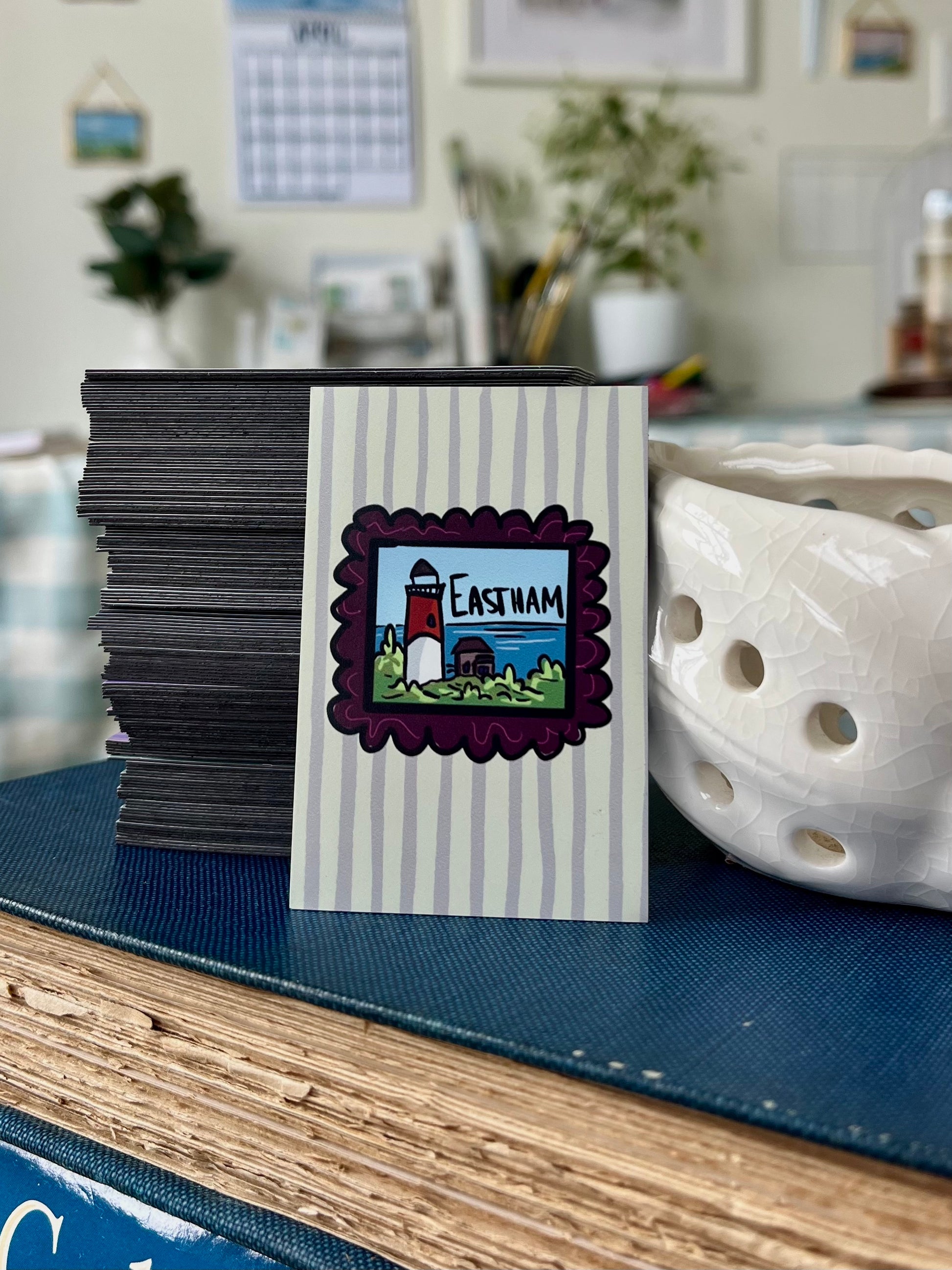 Cape Cod Town Magnet - Colorful 3x3 magnet with hand-drawn Cape Cod town stamp artwork featuring Nauset Light and coastal scenes