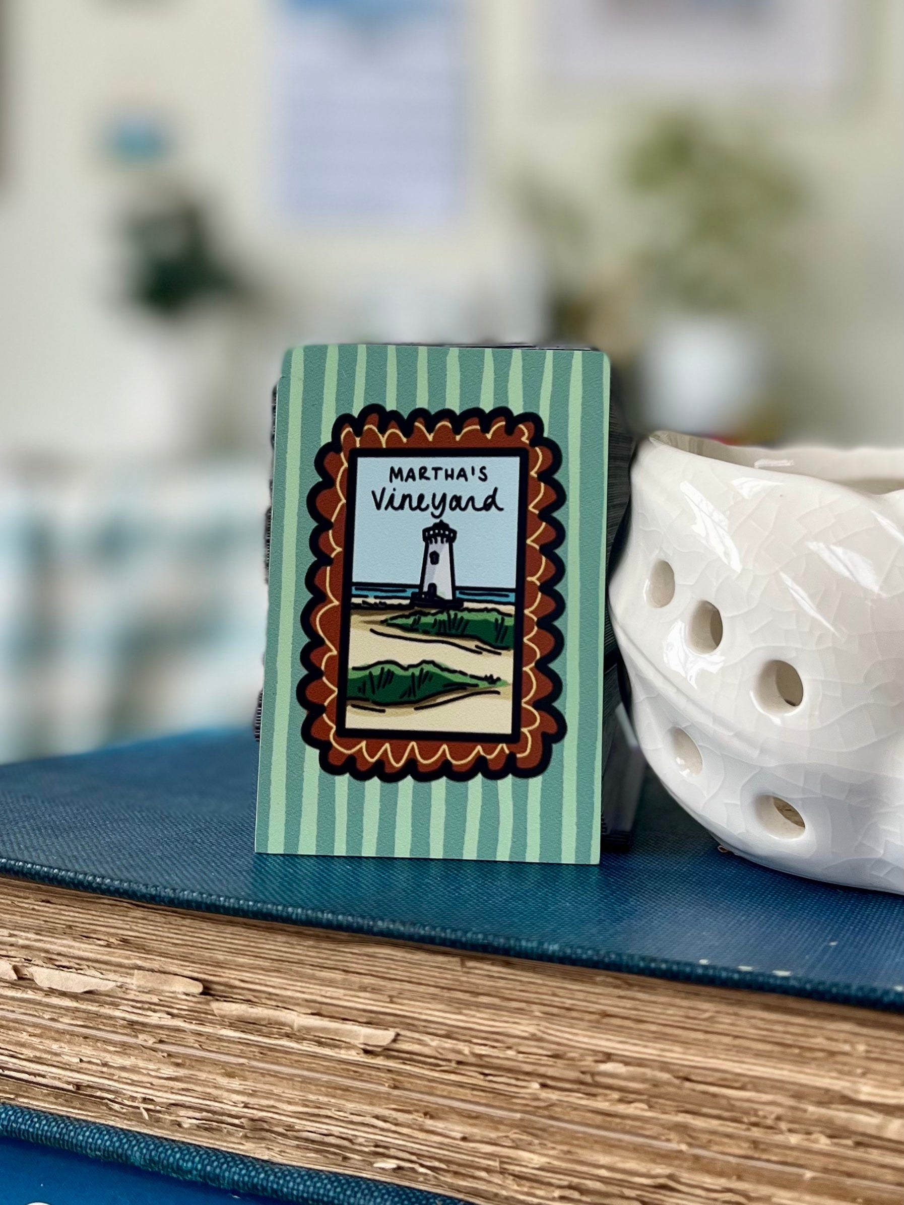 Cape Cod Town Magnet - Colorful 3x3 magnet with hand-drawn Cape Cod town stamp artwork featuring Martha's Vineyard and coastal scenes