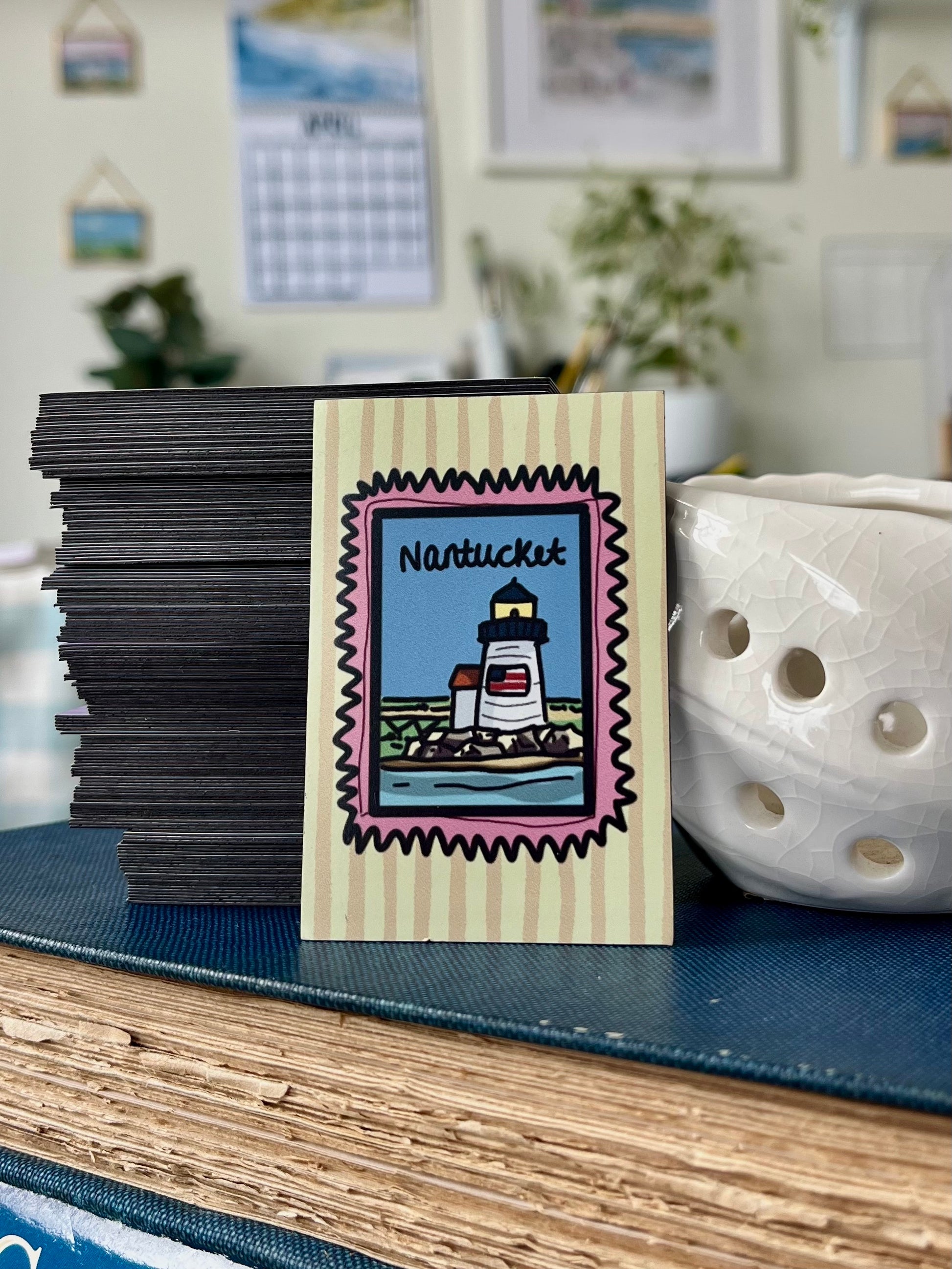Cape Cod Town Magnet - Colorful 3x3 magnet with hand-drawn Cape Cod town stamp artwork featuring Nantucket's Brant Point and coastal scenes