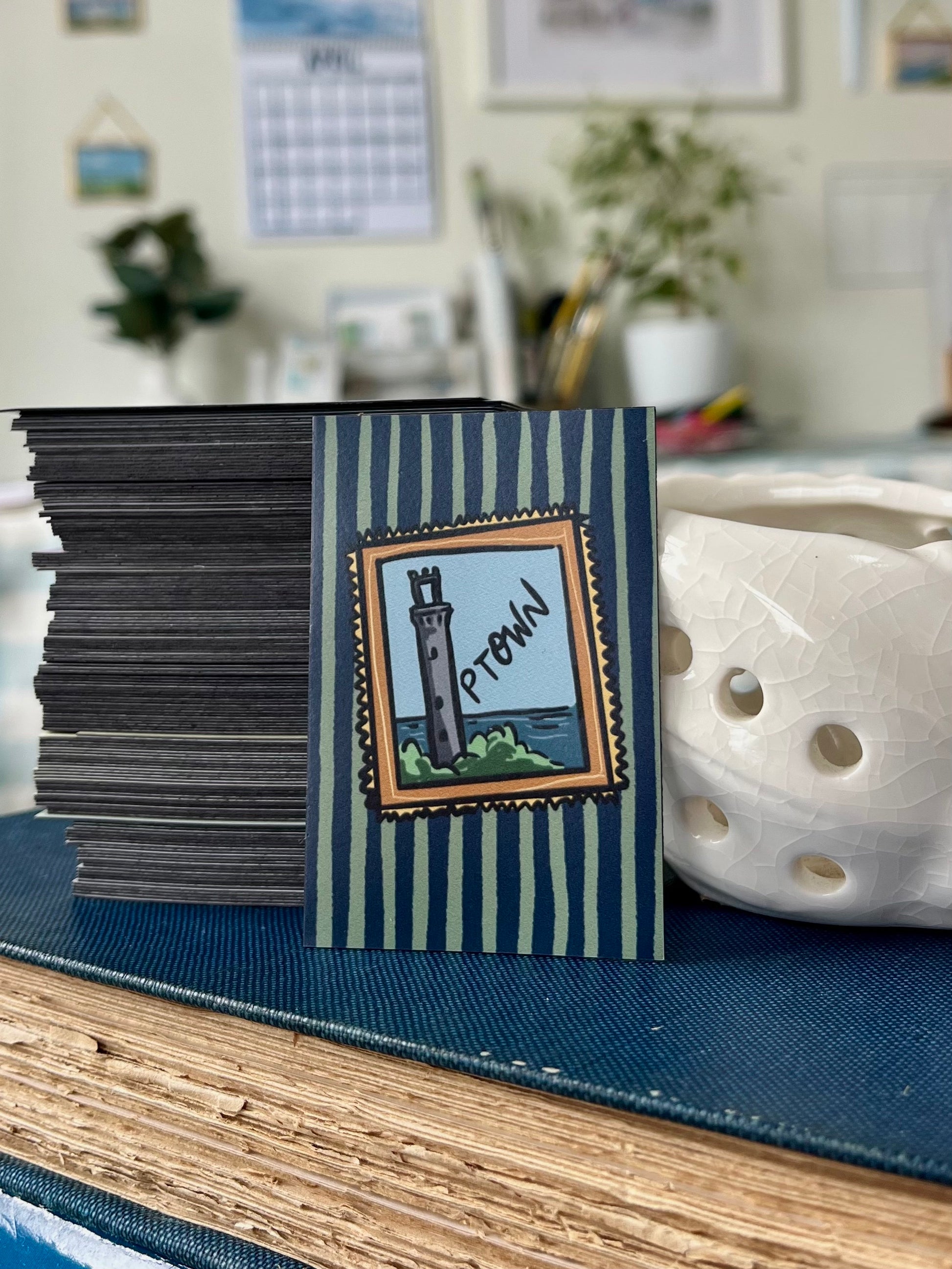 Cape Cod Town Magnet - Colorful 3x3 magnet with hand-drawn Cape Cod town stamp artwork featuring Nauset Light, Provincetown's Pilgrim Monument, and coastal scenes