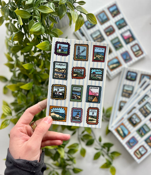 Cape Cod town-themed sticker sheet with hand-drawn stamp-style illustrations of Nauset Light, Wellfleet oysters, and Nantucket