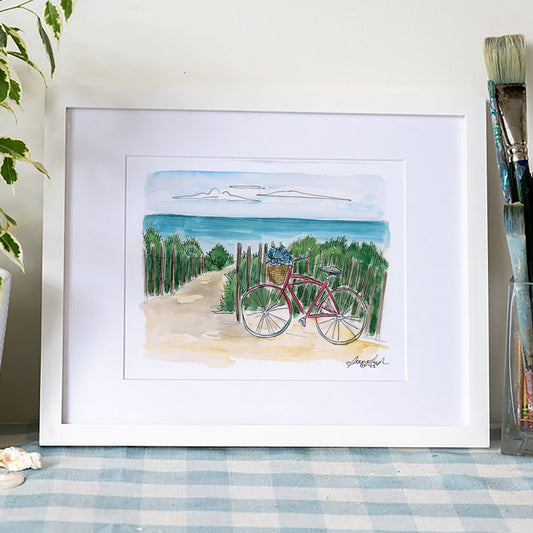 Bike to the Beach Art Print – Cape Cod Watercolor Coastal Wall Art