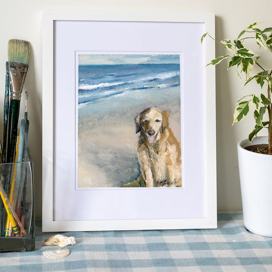Golden Retriever by Cape Cod Bay Art Print – Coastal Watercolor Dog Wall Art