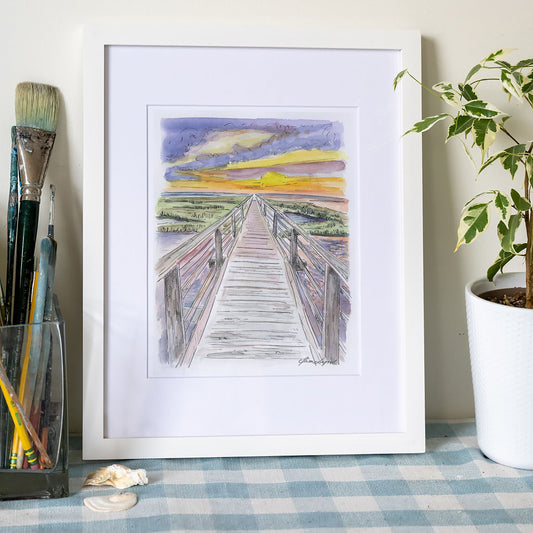 Cape Walks at Gray’s Beach Boardwalk Art Print – Cape Cod Watercolor Coastal Wall Art