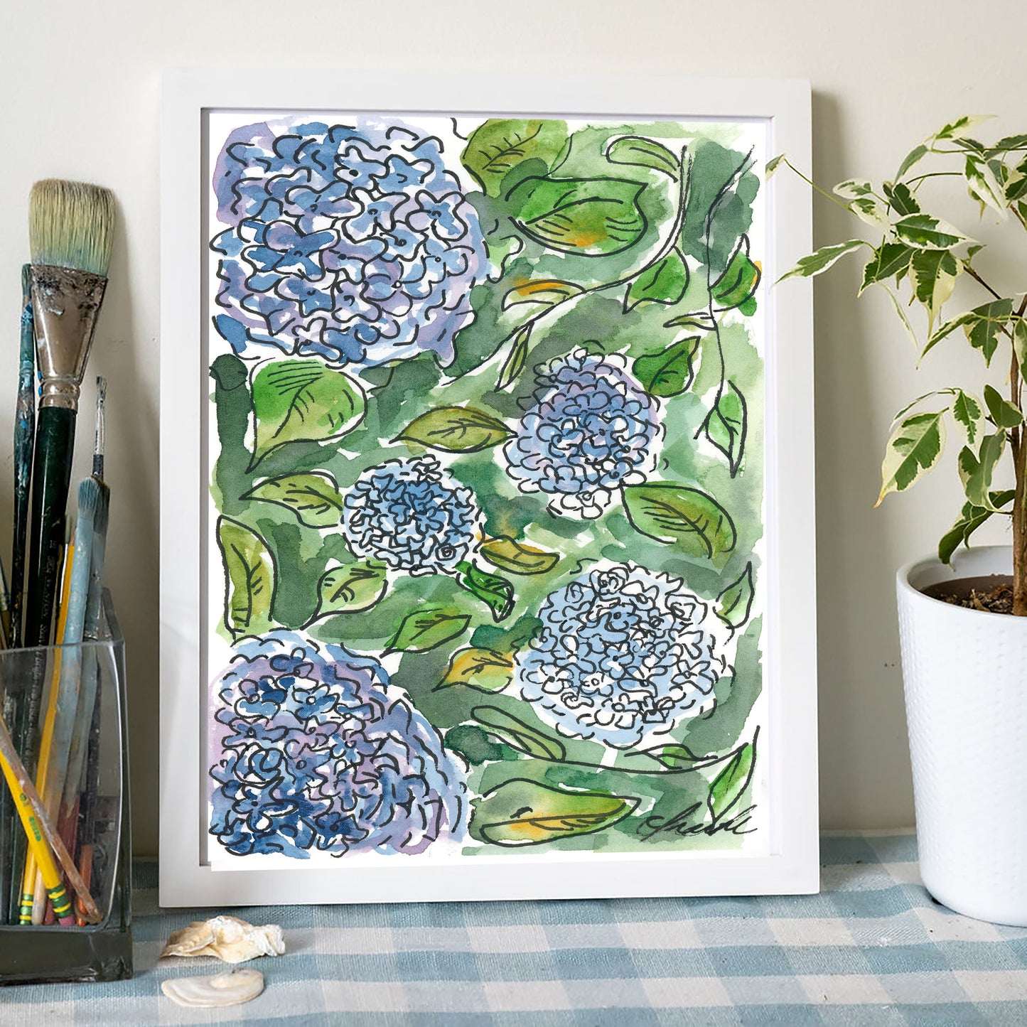 Hydrangea Bush Art Print – Coastal Cape Cod Watercolor Floral Wall Art