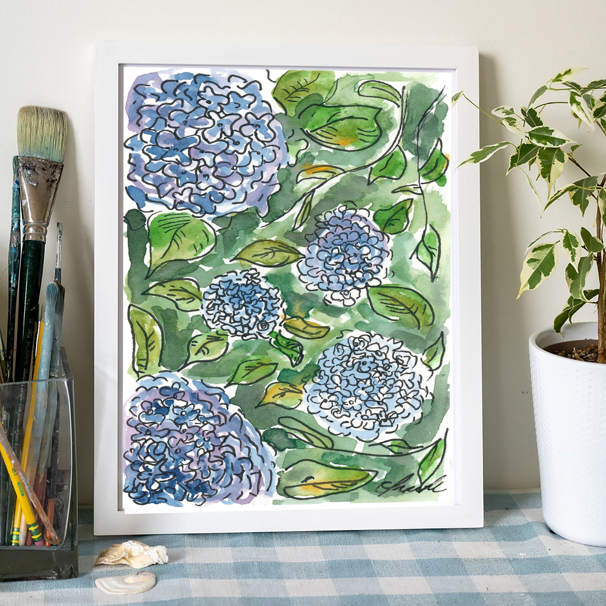 Hydrangea Bush Art Print – Coastal Cape Cod Watercolor Floral Wall Art