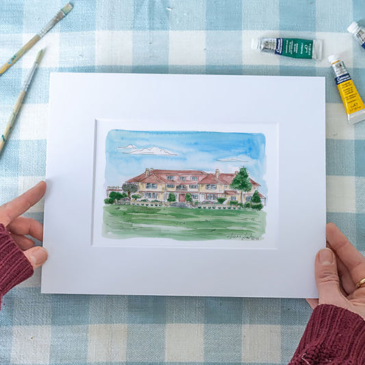Ocean Edge Mansion Art Print – Cape Cod Watercolor Coastal Wall Art