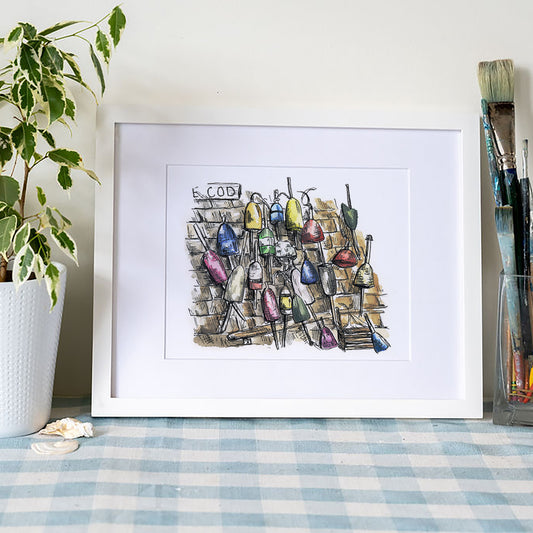 Wall of Buoys Art Print – New England Lobster Shanty Watercolor Coastal Wall Art