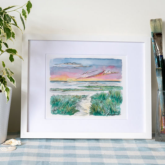 Skaket Beach Sunset Art Print – Orleans Cape Cod Watercolor Coastal Wall Art