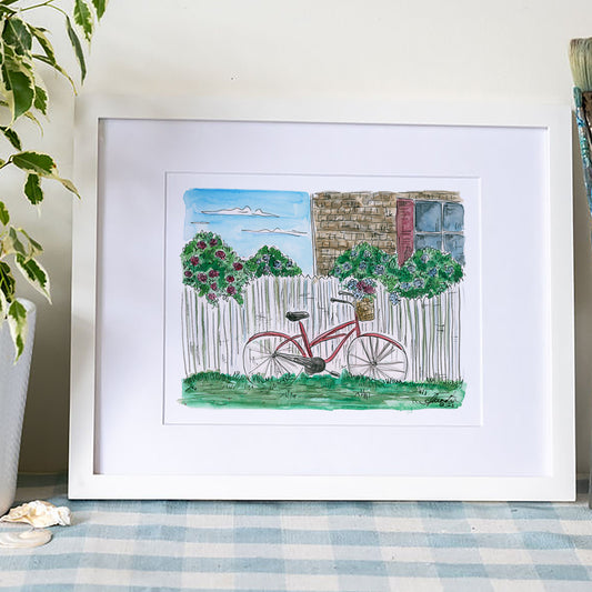 Hydrangea with a Bike Art Print – Cape Cod Watercolor Coastal Wall Art