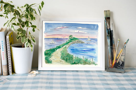 Bring home the peaceful beauty of Falmouth with this watercolor art print of The Knob—perfect for coastal decor and Cape Cod nature lovers.
