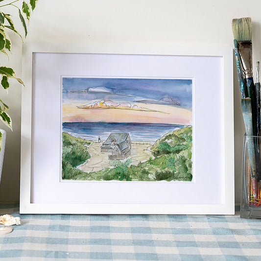 Wellfleet Beachcomber at Sunset Art Print – Cape Cod Watercolor Coastal Wall Art